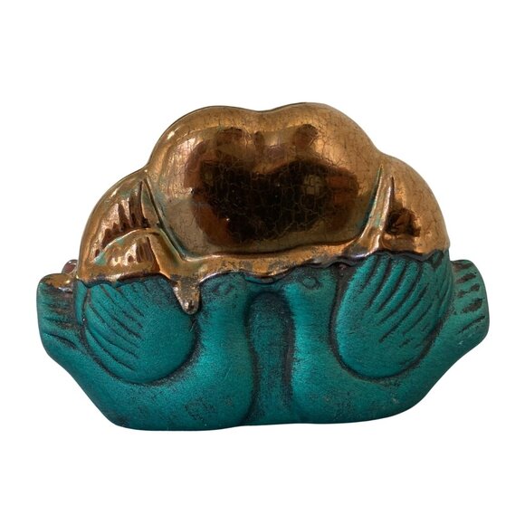 Vintage Redware Pottery Green Birds Doves Goldish Bronze Paint Napkin Holder - Picture 1 of 9